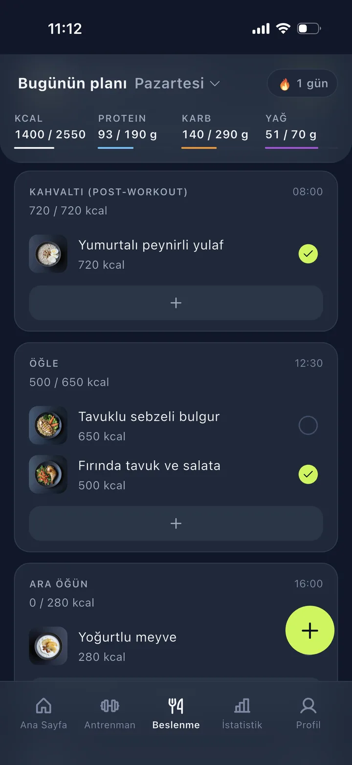 Pumpfy beslenme ekranı — günün öğün planı