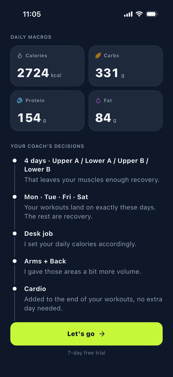 Pumpfy coach decisions screen with daily macros