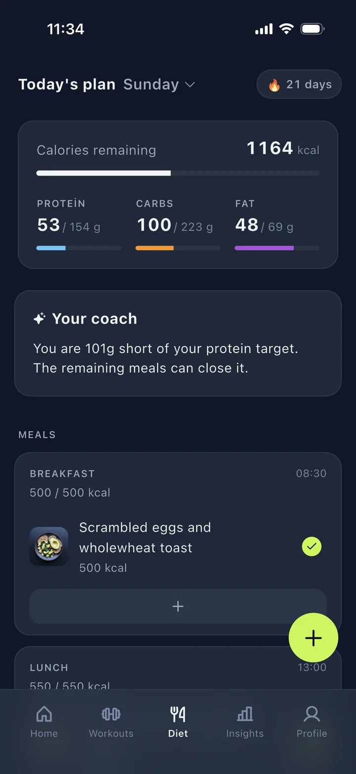 Pumpfy daily meal plan screen