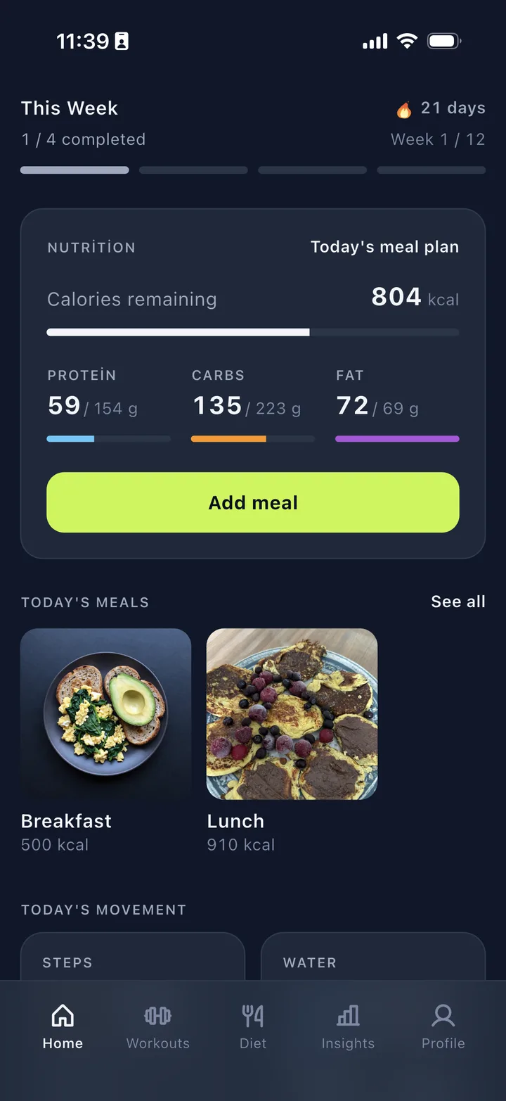 Pumpfy home screen with today's meal plan and movement
