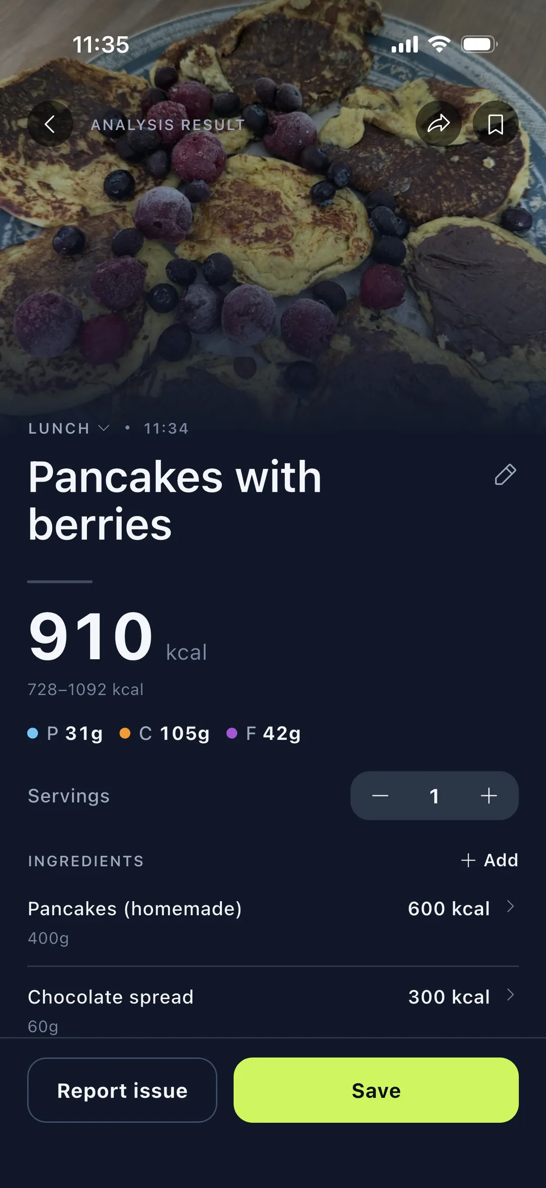 Pumpfy meal analysis result with calories, macros and ingredients