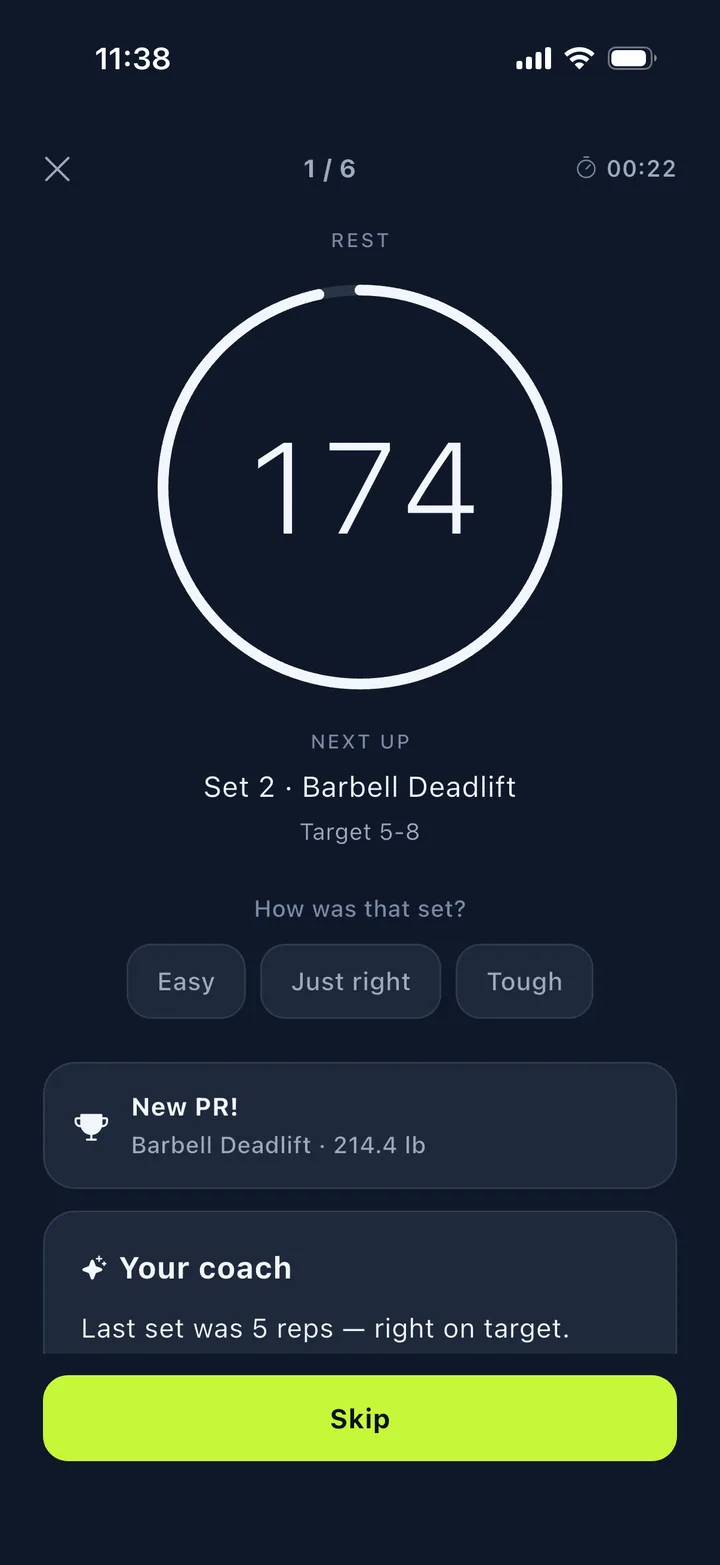 Pumpfy rest timer screen with the next set queued