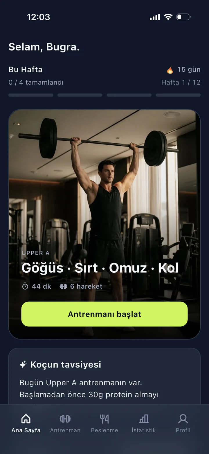 Pumpfy ana ekran — günün antrenmanı ve koç tavsiyesi