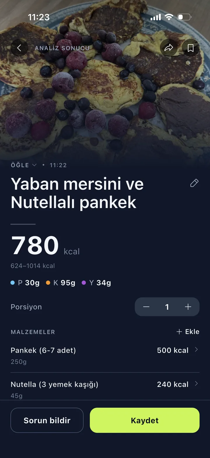 Pumpfy yemek tarama sonucu — kalori, makro ve malzeme dökümü
