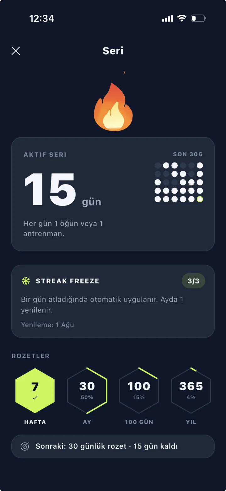 Pumpfy seri ekranı — aktif seri, Streak Freeze ve rozetler