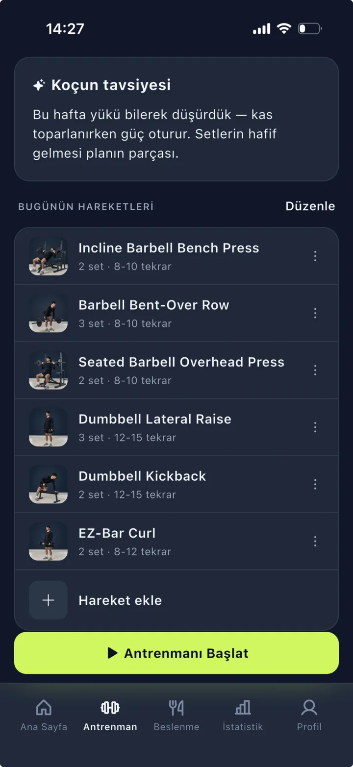Pumpfy antrenman ekranı — günün hareket listesi