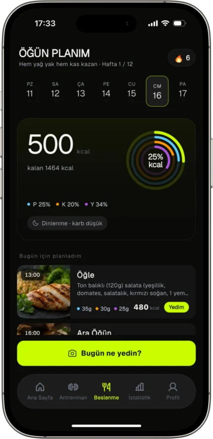 Pumpfy beslenme plan ekranı
