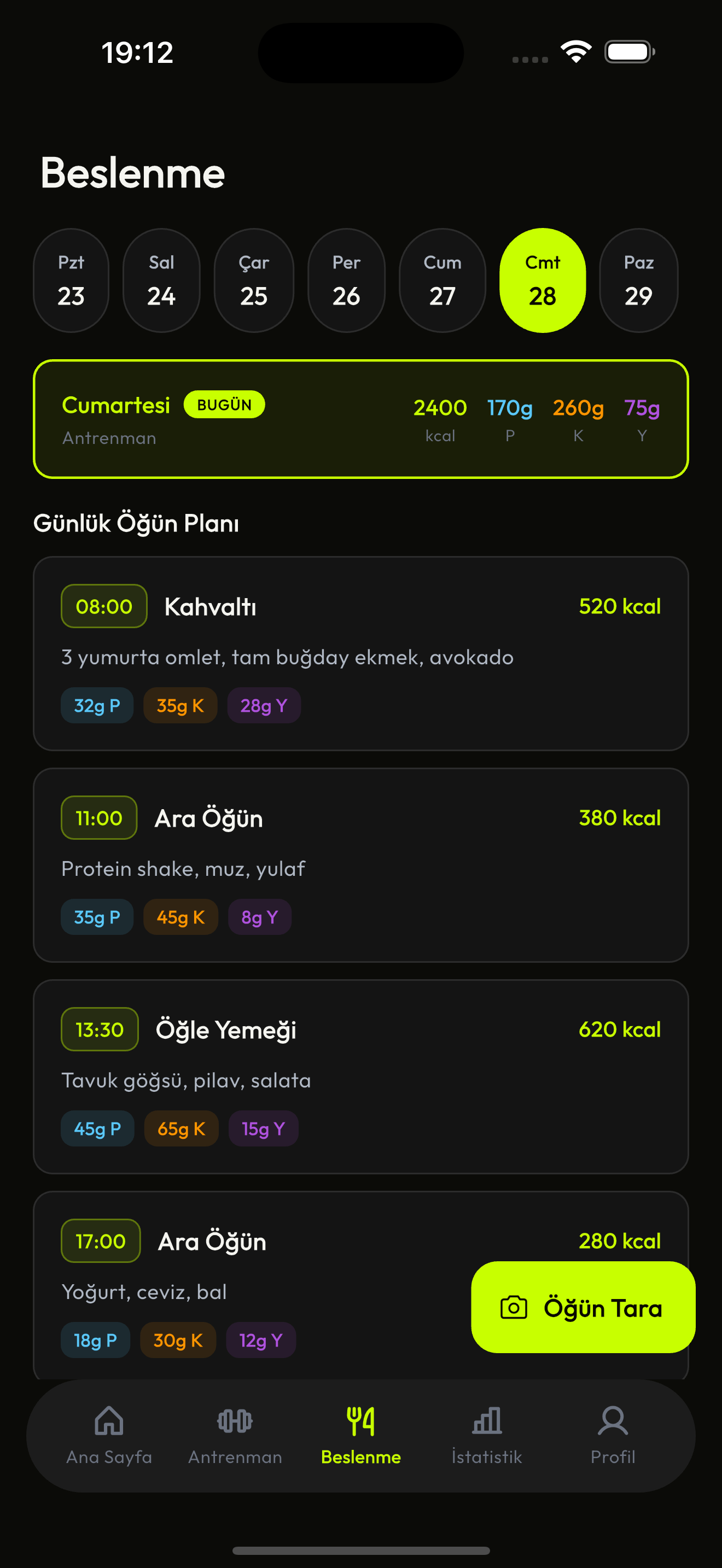 Pumpfy beslenme planı ekranı