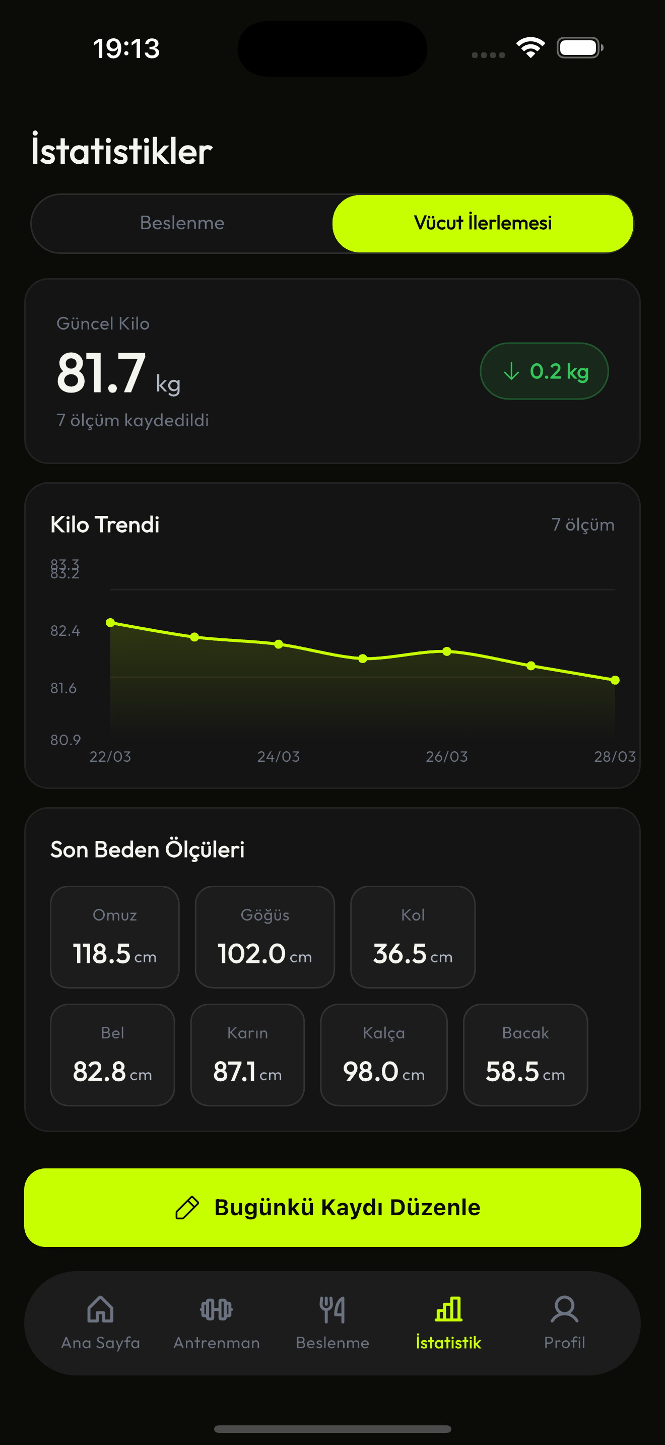 Pumpfy vücut ilerleme takibi