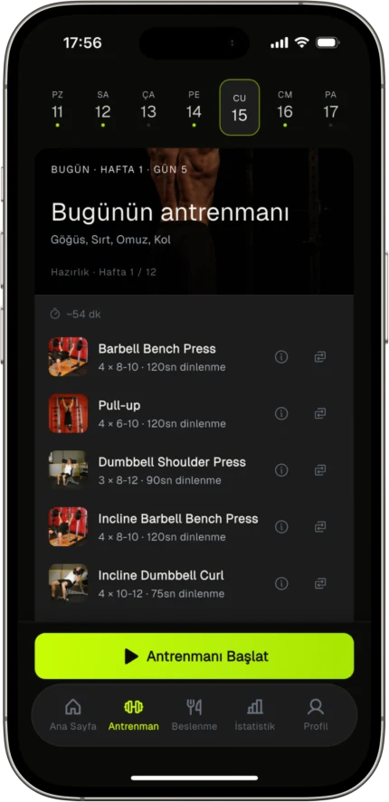 Pumpfy antrenman gün ekranı