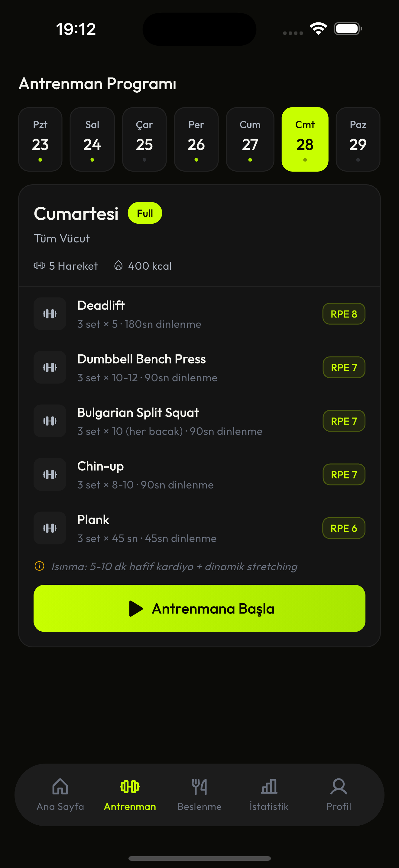 Pumpfy antrenman programı ekranı